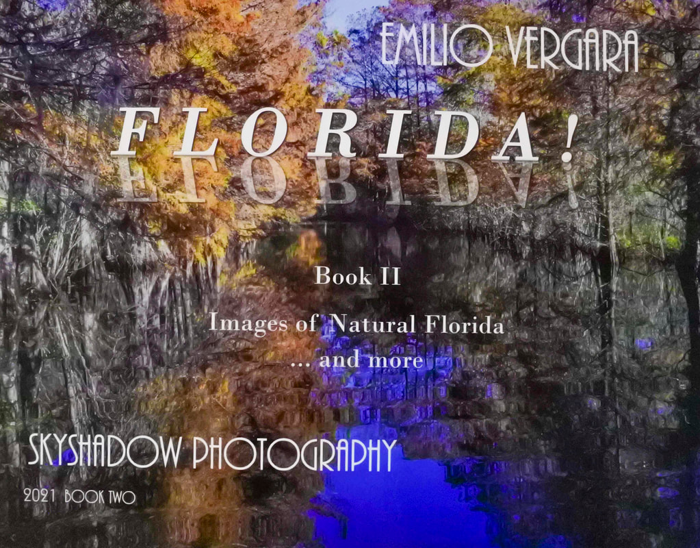 Cover photo of FLORIDA! Images of Natural Florida by Emilio Vergara features a multicolored bird wading in shallow water.  Published in 2018, the book is available for $50.  